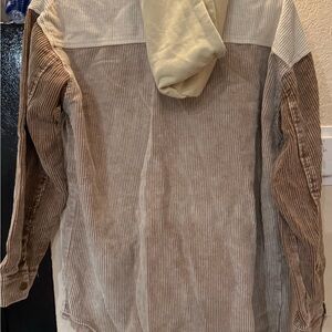 Corduroy Utility Jacket with Hood - Tan and Cream